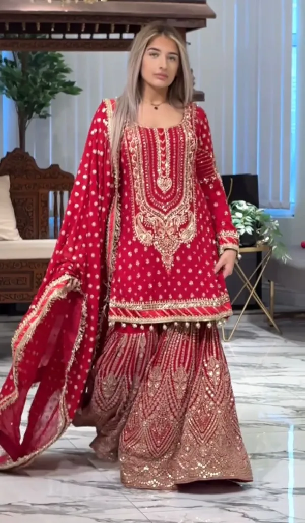 Red_Faux_Georgette_Sequence_Embroidery_Kurta_&_Sharara_For_Women