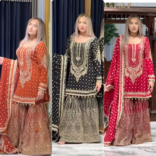 Red_Faux_Georgette_Sequence_Embroidery_Kurta_&_Sharara_For_Women