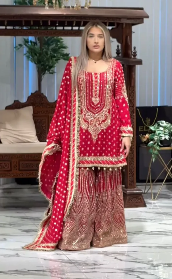 Red_Faux_Georgette_Sequence_Embroidery_Kurta_&_Sharara_For_Women