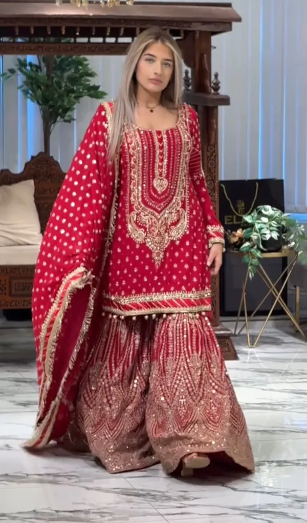 Red_Faux_Georgette_Sequence_Embroidery_Kurta_&_Sharara_For_Women