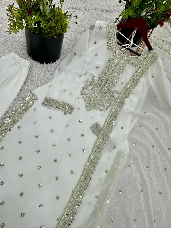 White_Georgette_Embroidered_Kurta_&_Pant_Set_with_Rivet_Moti_Work_For_Women_&_Girls