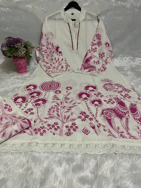 White_&_Pink_Slub_Printed_Kurta_&_Pant_For_Women