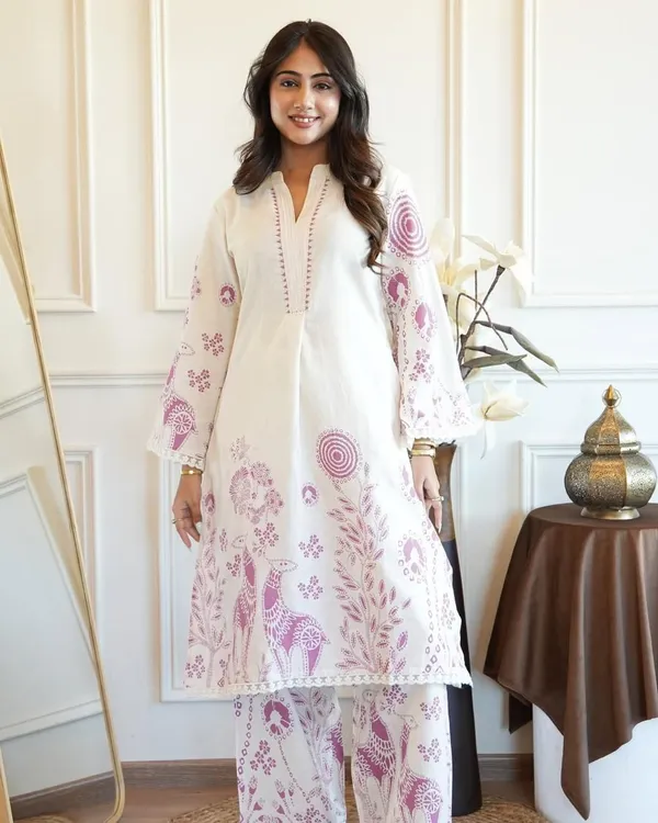 White_&_Pink_Slub_Printed_Kurta_&_Pant_For_Women