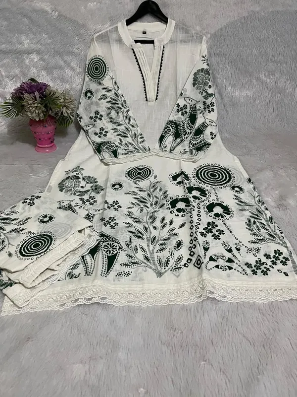 White_&_Green_Slub_Printed_Kurta_&_Pant_For_Women