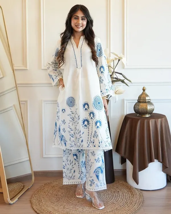 White_&_Blue_Slub_Printed_Kurta_&_Pant_For_Women