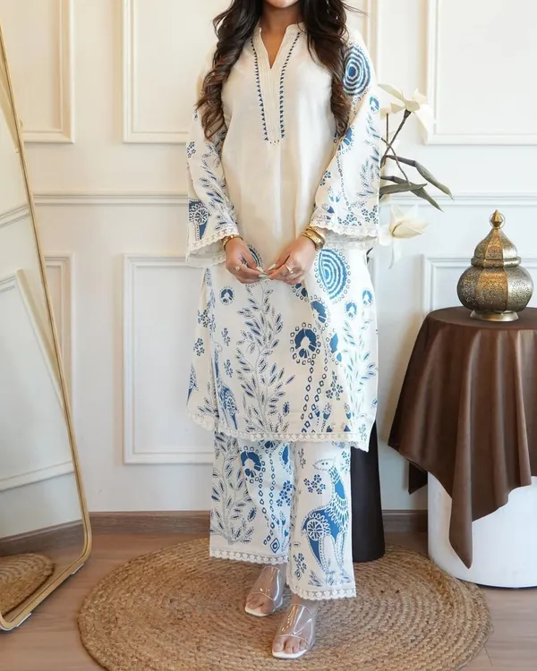 White_&_Blue_Slub_Printed_Kurta_&_Pant_For_Women
