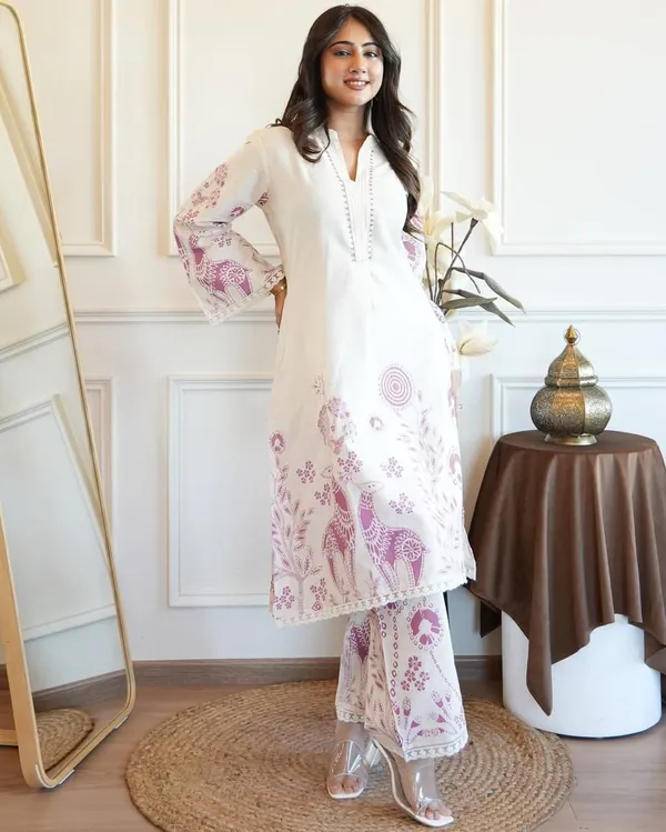 White_&_Pink_Slub_Printed_Kurta_&_Pant_For_Women
