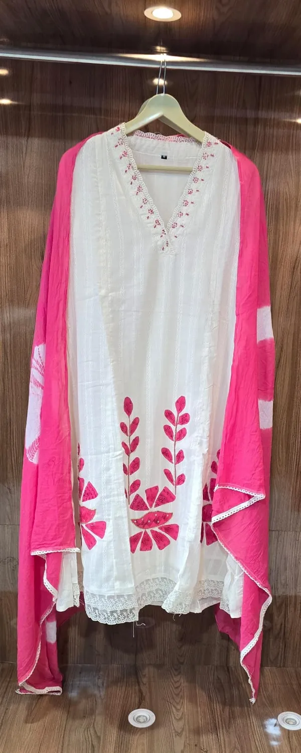 White_Dobby_Cotton_Front_Embroidered_Kurta_Pant_&_Dupatta_For_Women