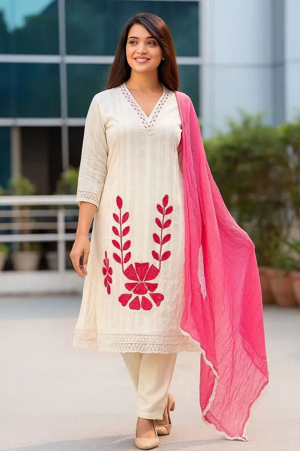 White_Dobby_Cotton_Front_Embroidered_Kurta_Pant_&_Dupatta_For_Women