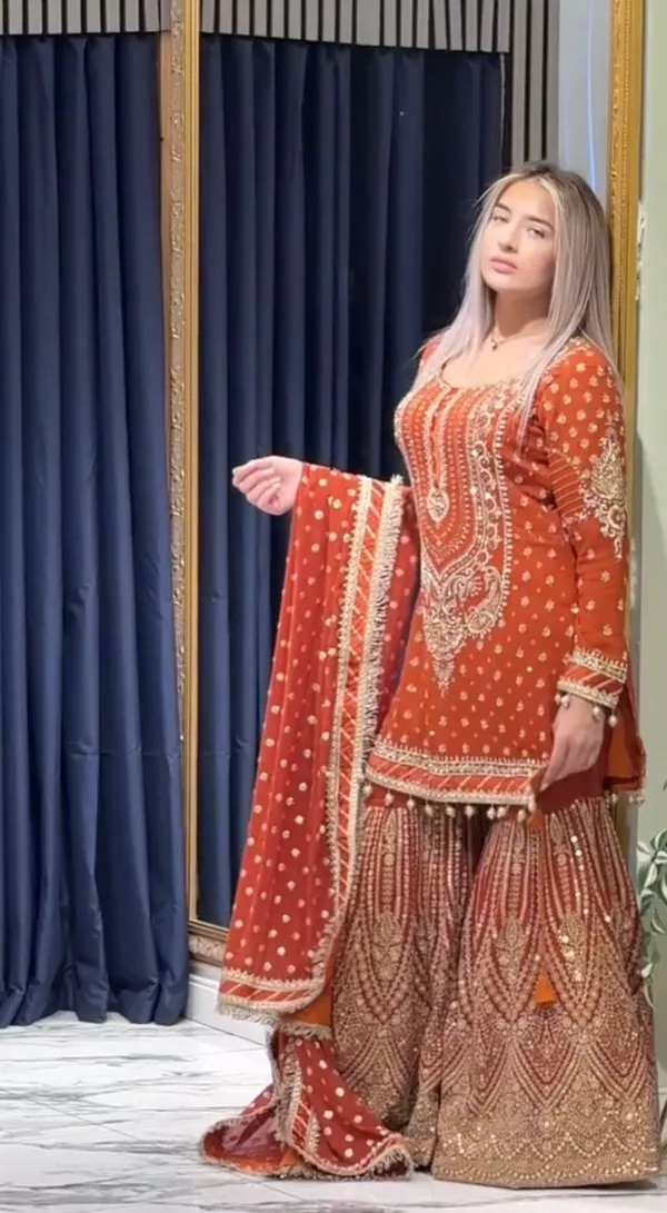 Brown_Faux_Georgette_Sequence_Embroidery_Kurta_&_Sharara_For_Women