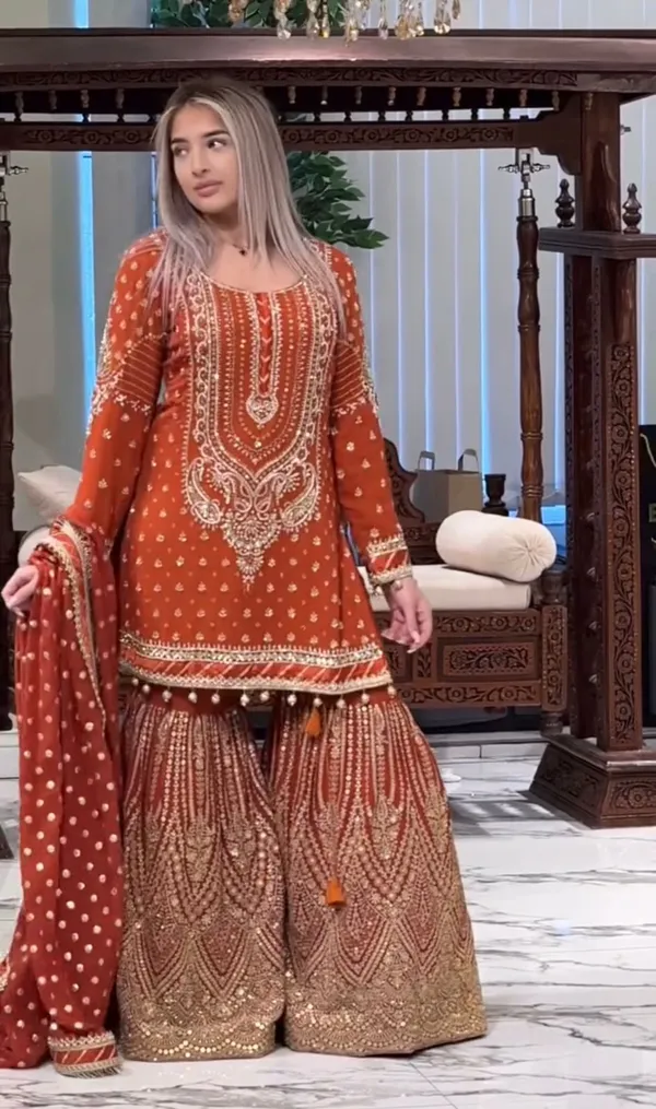 Brown_Faux_Georgette_Sequence_Embroidery_Kurta_&_Sharara_For_Women