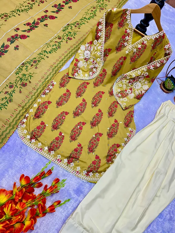 Lemon_Green_Faux_Georgette_Sequence_Embroidered_Digital_Printed_Kurta_Pant_&_Dupatta_For_Women