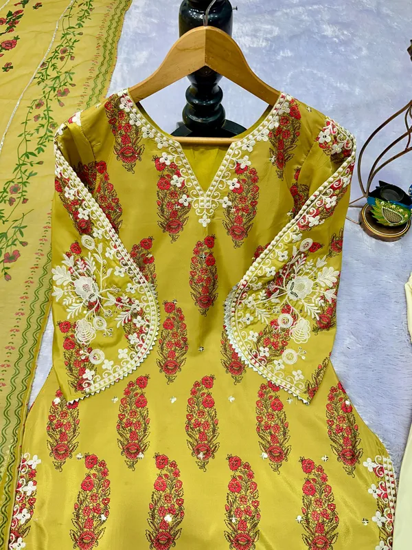Lemon_Green_Faux_Georgette_Sequence_Embroidered_Digital_Printed_Kurta_Pant_&_Dupatta_For_Women