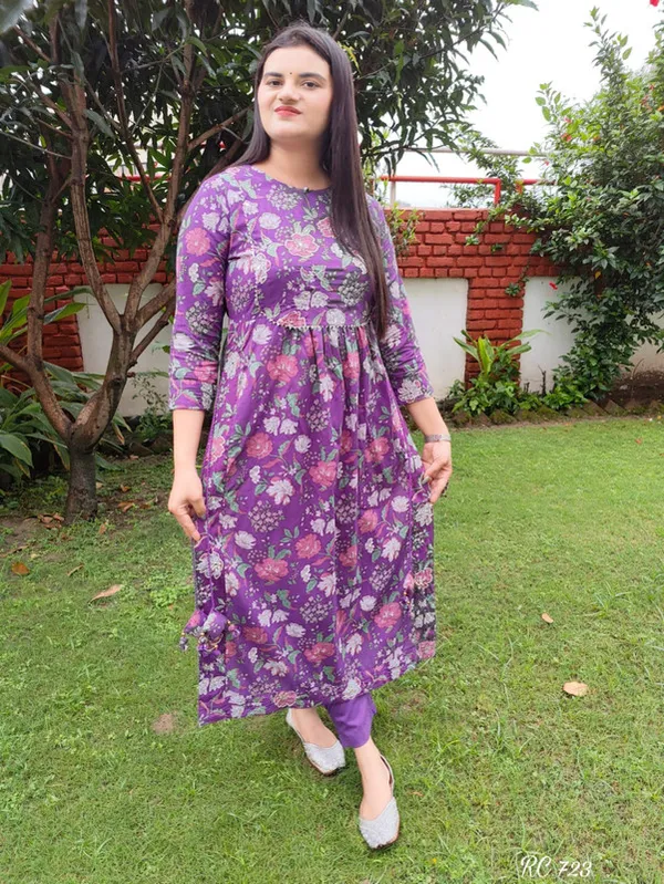 Purple_Soft_Cotton_Nayra_Cut_Kurta_Set_For_Women_&_Girls