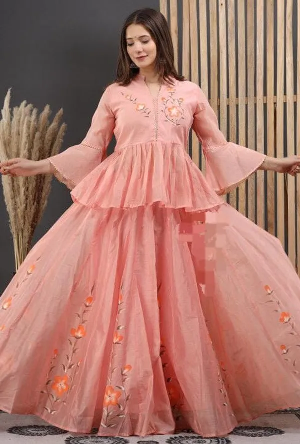 Pink_Chanderi_Hand_Painted_Bell_Sleeves,_Sweetheart_Neck_Lehenga_Set_For_Women_&_Girls