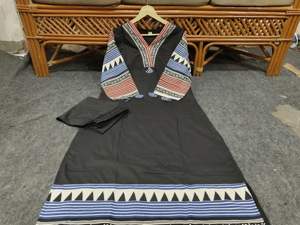 Black_Cotton_Printed_Sleeves_Neck_Work_Kurta_&_Pant_Set_For_Women_&_Girls