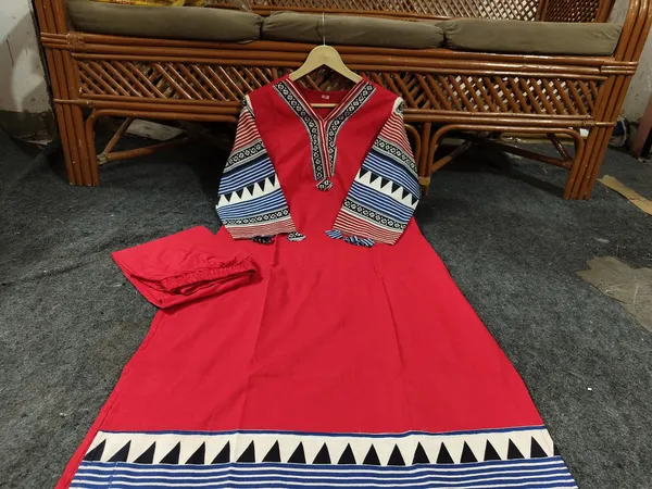 Red_Cotton_Printed_Sleeves_Neck_Work_Kurta_&_Pant_Set_For_Women_&_Girls