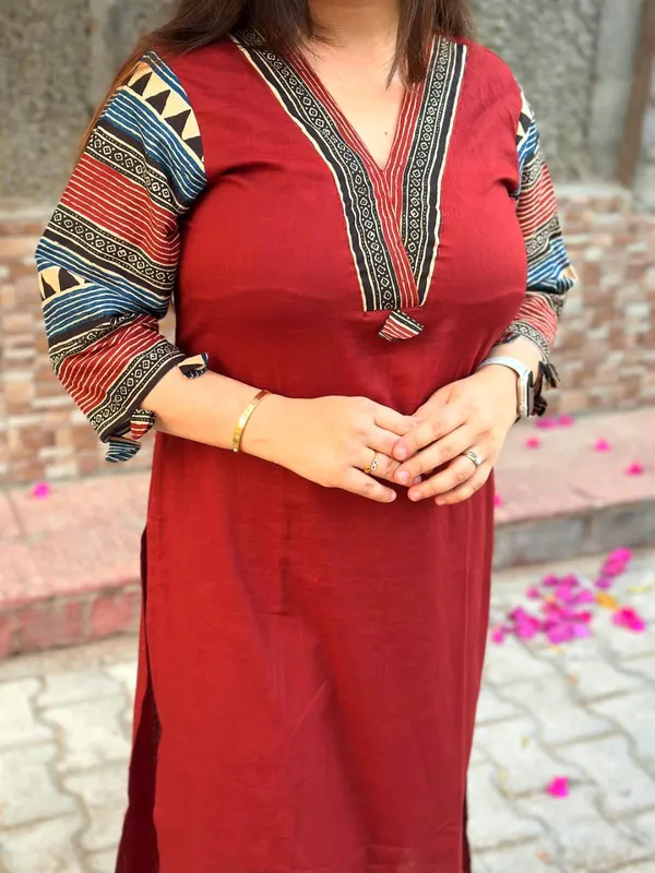 Red_Cotton_Printed_Sleeves_Neck_Work_Kurta_&_Pant_Set_For_Women_&_Girls