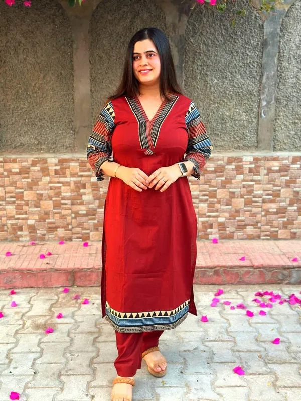 Red_Cotton_Printed_Sleeves_Neck_Work_Kurta_&_Pant_Set_For_Women_&_Girls