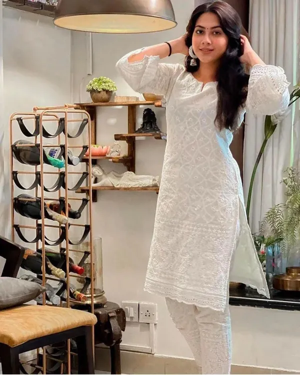 White_Cotton_Chikankari_Kurta_&_Pant_For_Women