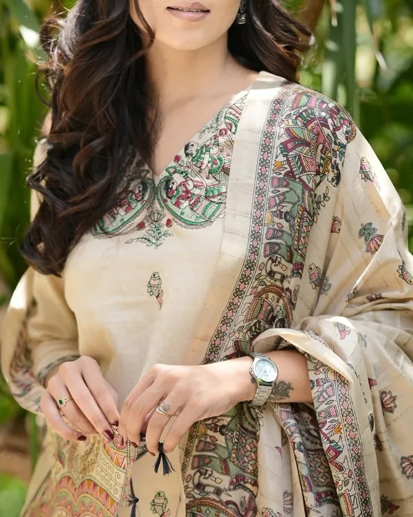 White_Cotton_Machine_Thread_Embroidery_Kurta_Pant_&_Dupatta_For_Women_&_Girls