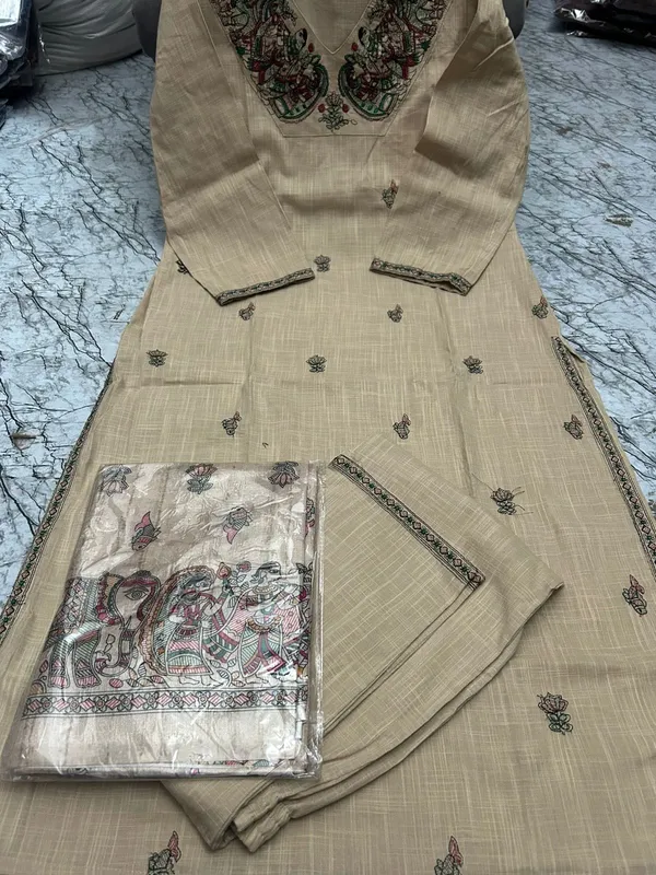 White_Cotton_Machine_Thread_Embroidery_Kurta_Pant_&_Dupatta_For_Women_&_Girls