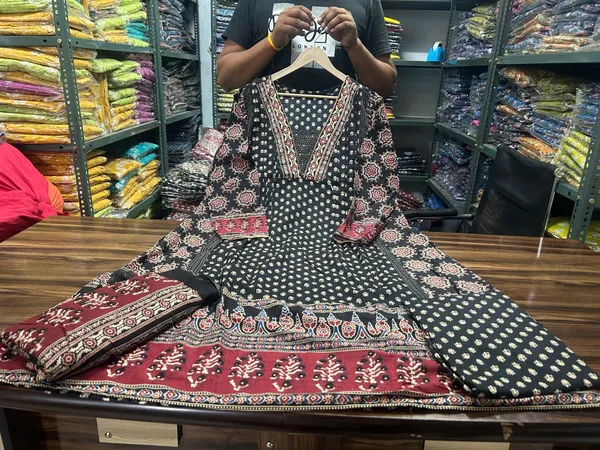 Black_Ajrakh_Taj_Cotton_Weaving_Mirror_Work_Kurta_Pant_&_Dupatta_For_Women