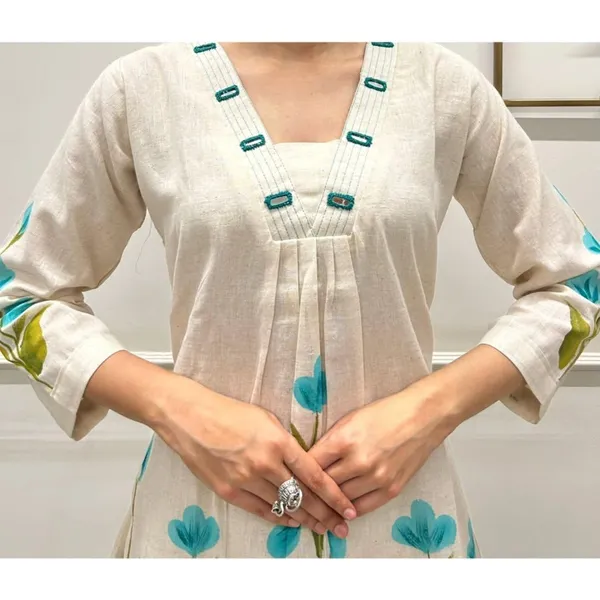 White_Flex_Cotton_Brush_Print_Style_Kurta_&_Pant_Co-Ord_Set_For_Women_&_Girls