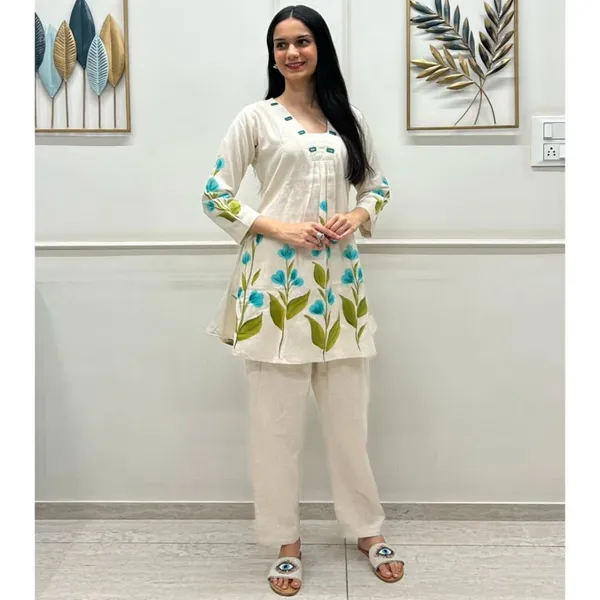 White_Flex_Cotton_Brush_Print_Style_Kurta_&_Pant_Co-Ord_Set_For_Women_&_Girls
