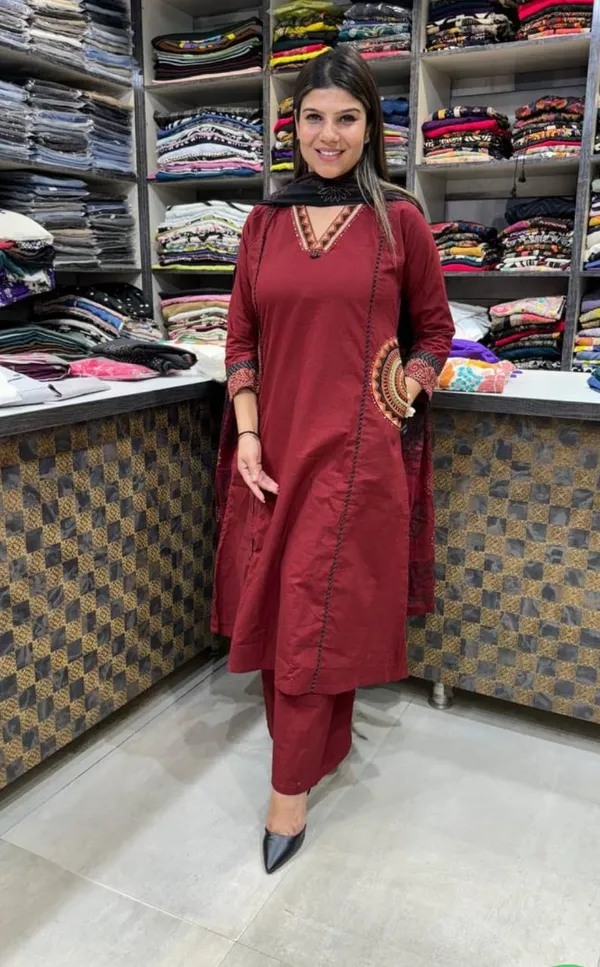 Red_Cotton_Weaving_&_Embroidered_Kurta_Pant_&_Dupatta_For_Women