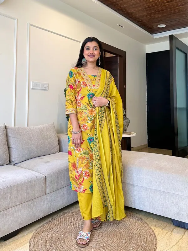 Yellow_Cotton_Embroidery_Handblock_Print_Kurta_Pant_&_Dupatta_For_Women_&_Girls