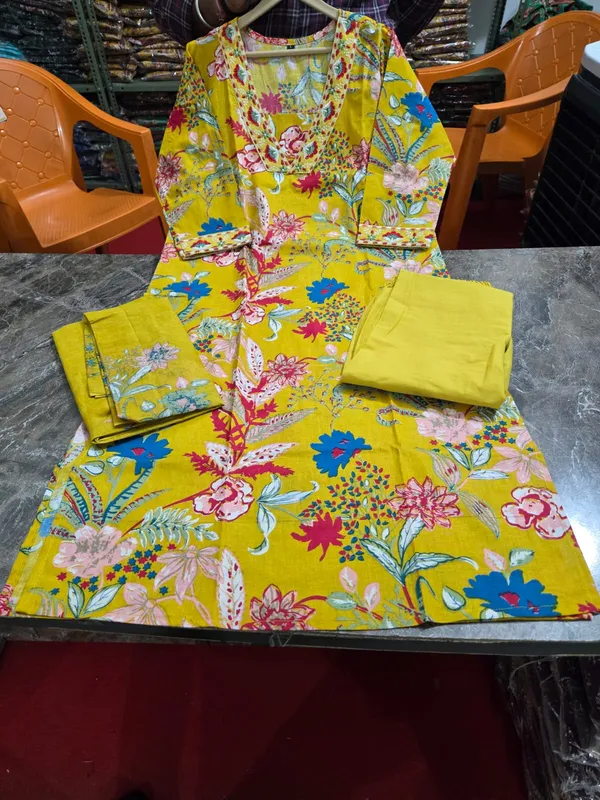 Yellow_Cotton_Embroidery_Handblock_Print_Kurta_Pant_&_Dupatta_For_Women_&_Girls