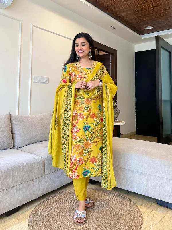 Yellow_Cotton_Embroidery_Handblock_Print_Kurta_Pant_&_Dupatta_For_Women_&_Girls