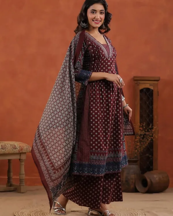 Maroon_Ajrakh_Taj_Cotton_Weaving_Mirror_Work_Kurta_Pant_&_Dupatta_For_Women