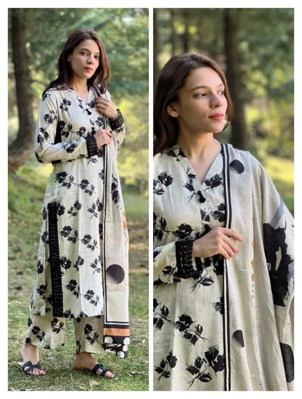 Black_&_White_Cotton_Floral_Motifs_Straight_Cut_V-Neck_Kurta_&_Pant_For_Women