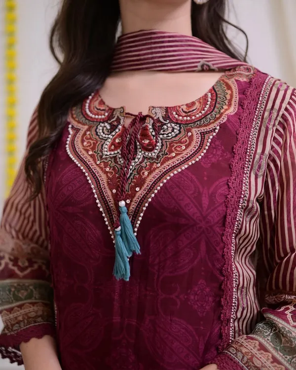 Maroon_Muslin_Hand_Embroidered_Digital_Printed_Kurta_Pant_&_Dupatta_For_Women