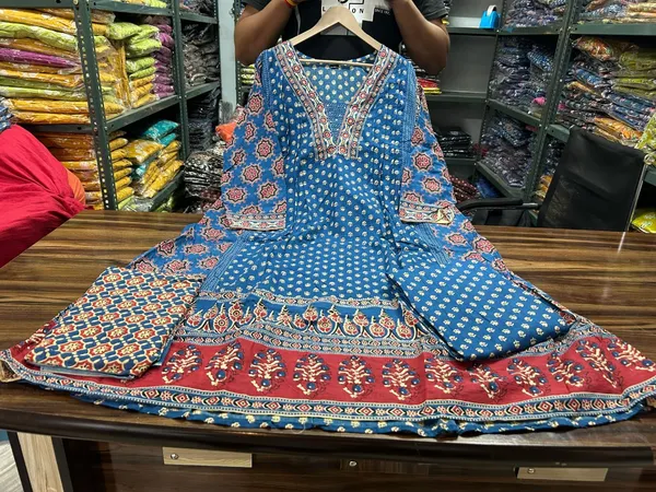Blue_Ajrakh_Taj_Cotton_Weaving_Mirror_Work_Kurta_Pant_&_Dupatta_For_Women