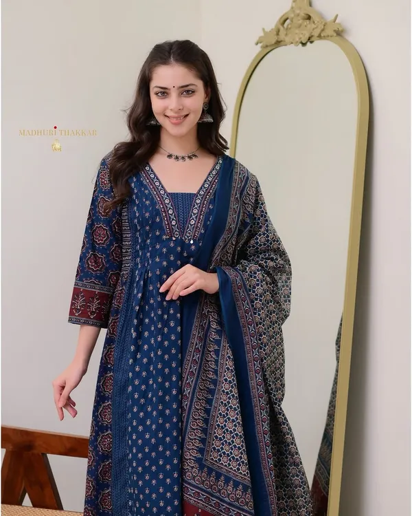 Blue_Ajrakh_Taj_Cotton_Weaving_Mirror_Work_Kurta_Pant_&_Dupatta_For_Women