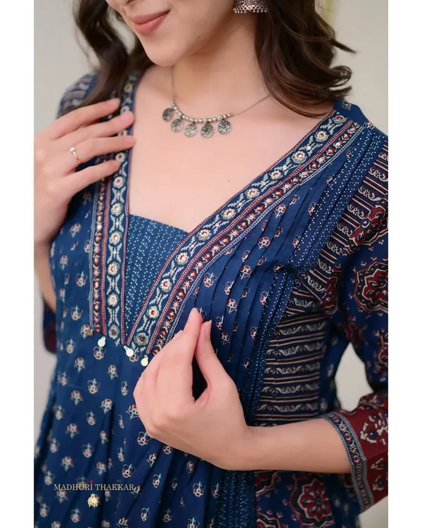 Blue_Ajrakh_Taj_Cotton_Weaving_Mirror_Work_Kurta_Pant_&_Dupatta_For_Women