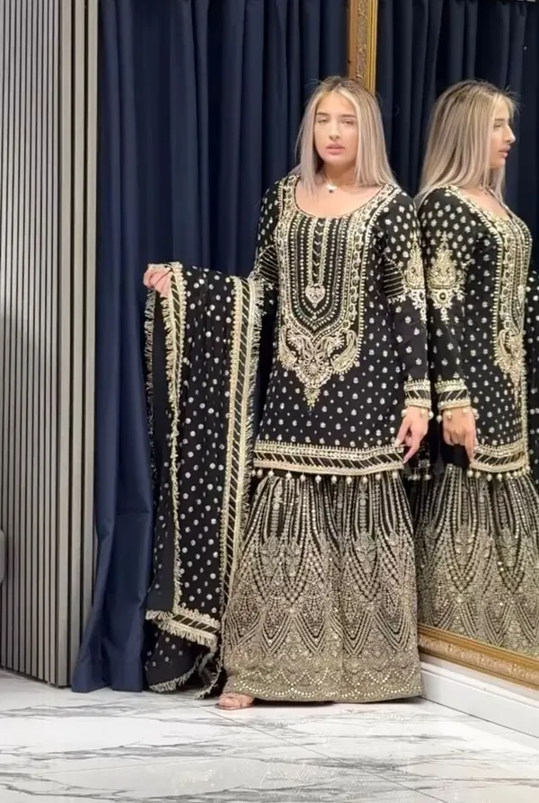 Black_Faux_Georgette_Sequence_Embroidery_Kurta_&_Sharara_For_Women