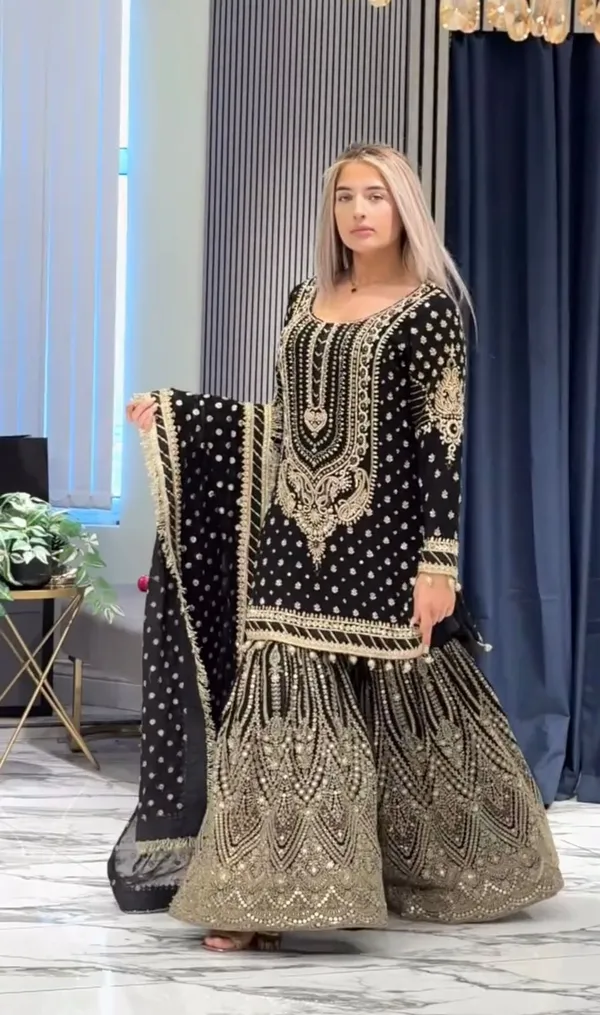 Black_Faux_Georgette_Sequence_Embroidery_Kurta_&_Sharara_For_Women