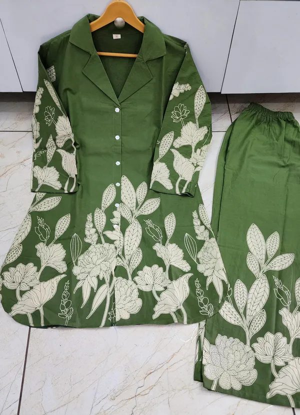 Green_Pure_Cotton_Digital_Print_Flower_&_Leave_Kurta_&_Palazzo_Co_-_Ord_Set_For_Women_&_Girls