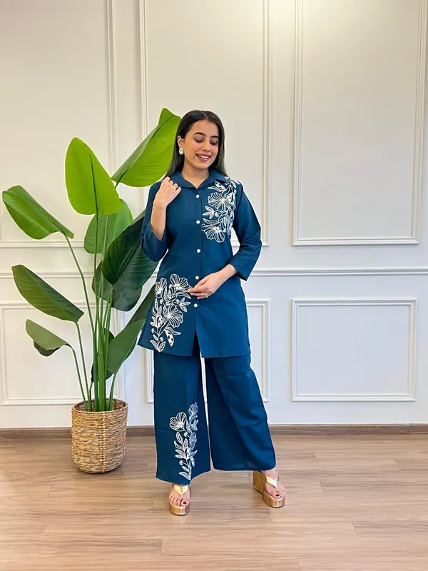 Blue_Pure_Cotton_Embroidered_Work_Kurta_&_Palazzo_Co_-_Ord_Set_For_Women_&_Girls
