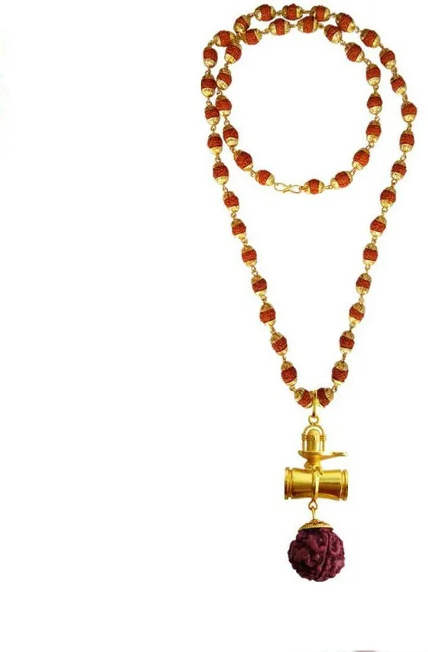 Brass_Beautiful_Great_Hindu_Shiv_Ling_Trishul_Kavach_Damaru_Locket_With_Panchmukhi_Rudraksha_Mala_Gold_Plated_Plated_Wood_Chain