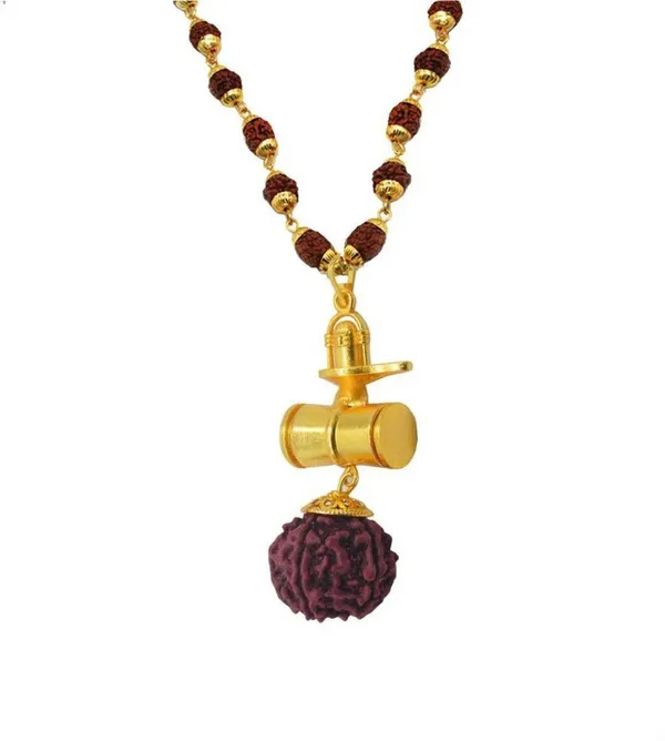 Brass_Beautiful_Great_Hindu_Shiv_Ling_Trishul_Kavach_Damaru_Locket_With_Panchmukhi_Rudraksha_Mala_Gold_Plated_Plated_Wood_Chain