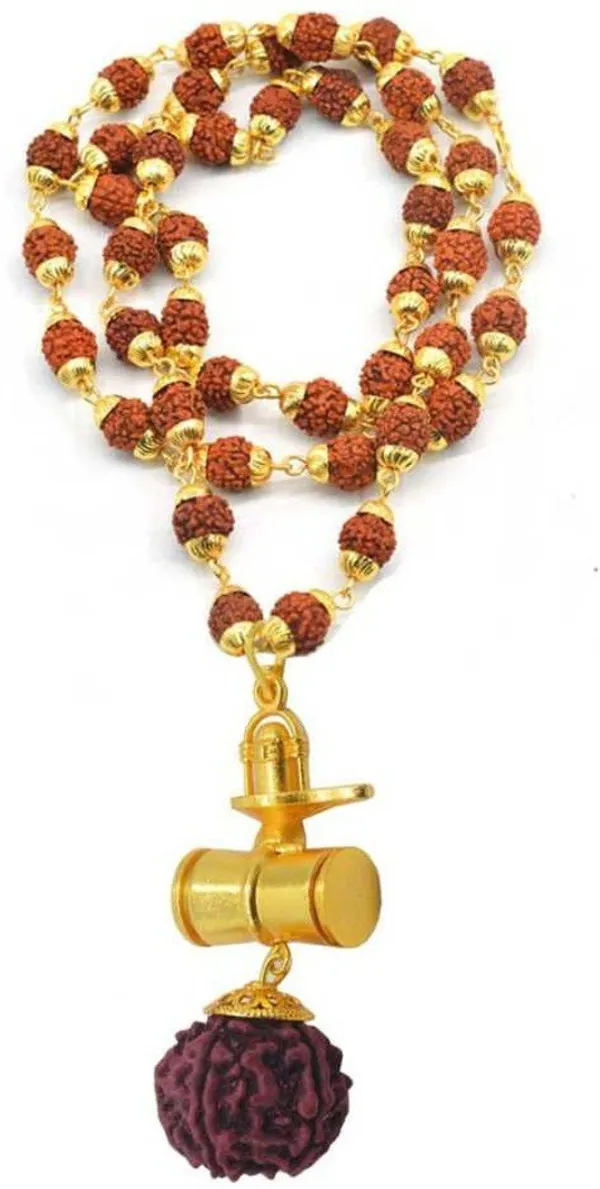 Brass_Beautiful_Great_Hindu_Shiv_Ling_Trishul_Kavach_Damaru_Locket_With_Panchmukhi_Rudraksha_Mala_Gold_Plated_Plated_Wood_Chain