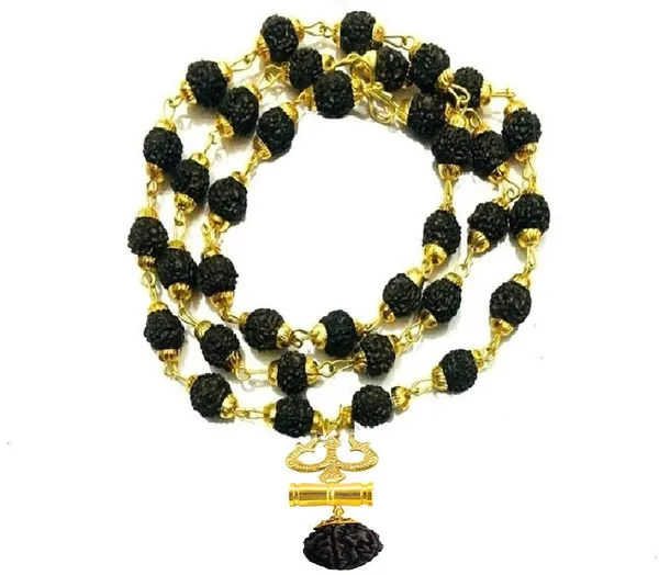 Religious_Trishul_Damru_Locket_With_Puchmukhi_Rudraksha_Mala_8mm_36beads_Gold_Plated_Plated_Wood_Chain
