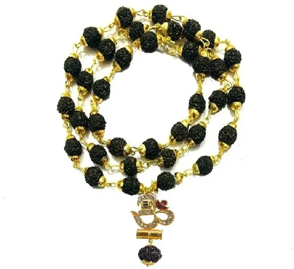 Religious_Jewelry_Om_Damru_Locket_With_Puchmukhi_Rudraksha_Mala_8mm_36beads_Gold_Plated_Plated_Wood_Chain
