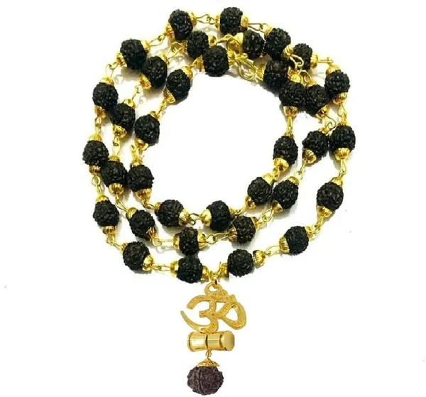 Religious_Jewelry_Om_Damru_Locket_With_Puchmukhi_Rudraksha_Mala_8mm_36beads_Gold_Plated_Plated_Wood_Chain