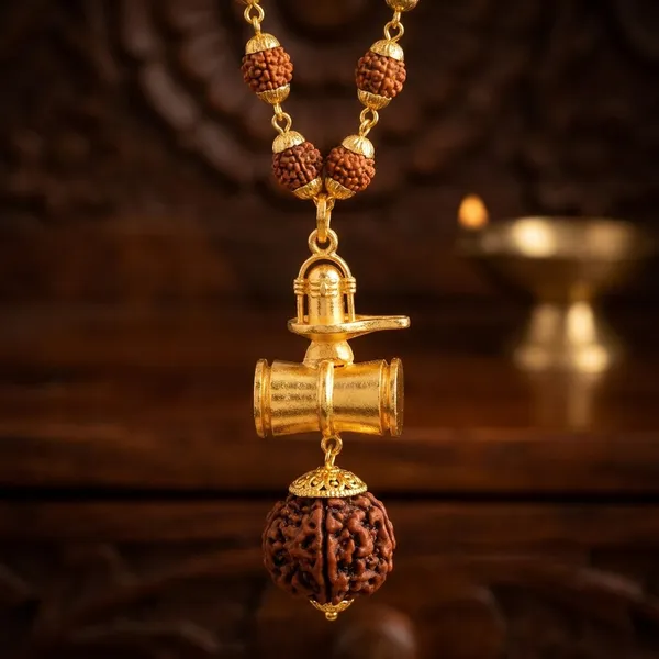 Brass_Beautiful_Great_Hindu_Shiv_Ling_Trishul_Kavach_Damaru_Locket_With_Panchmukhi_Rudraksha_Mala_Gold_Plated_Plated_Wood_Chain